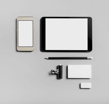 Bank stationery and gadgets set at paper background. Brand identity mockup. Flat lay.