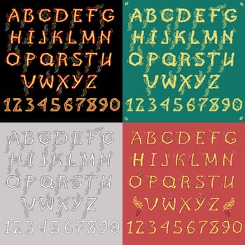 Artistic alphabets with floral bucolic decor. Vintage yellow, gray and colorful fonts. Country folk design. illustration