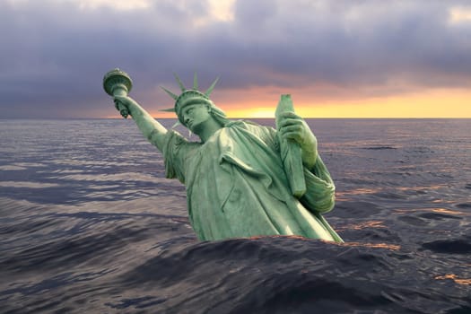 Statue of Liberty sinks in the ocean in the sunset