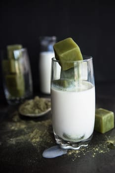 Glass of iced tea with green tea and milk