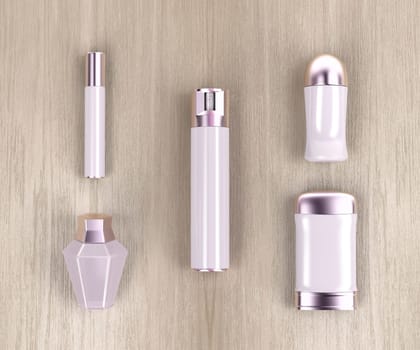 Set of female cosmetic products on wooden table, top view