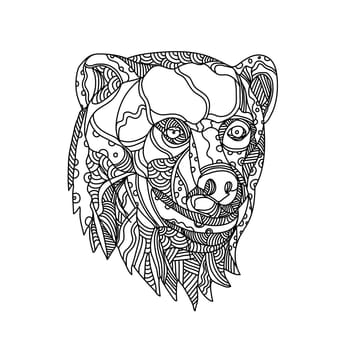 Doodle art illustration of head of a brown bear, carnivoran mammal of the family Ursidae classified as caniforms, or doglike carnivorans done in black and white mandala style.