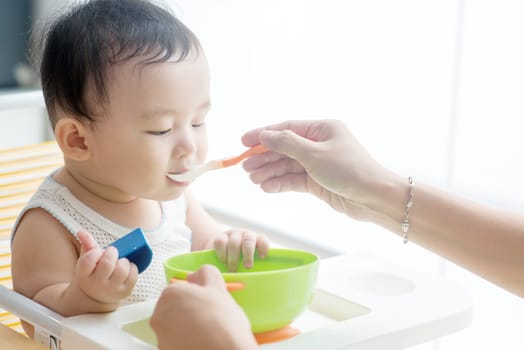 Happy Asian family at home. Mother feeding solid food to 9 months child in the kitchen, living lifestyle indoors.