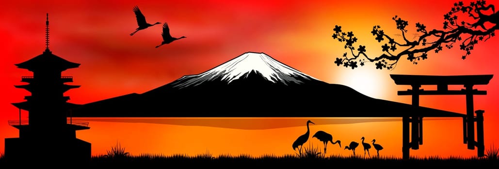 Silhouette Fuji mountain at sunset. Landscape, Mount Fuji.
