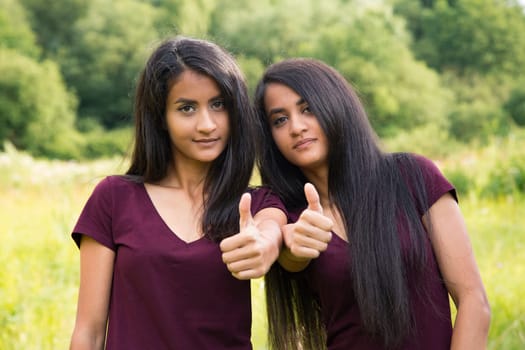 Twins keep thumbs up - outdoor view in summer