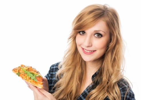 Blonde woman with pizza slice