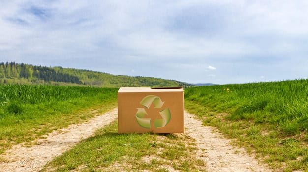 Cardboard in nature with recycled signs