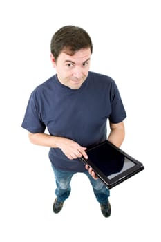 young casual man full body with a tablet, isolated