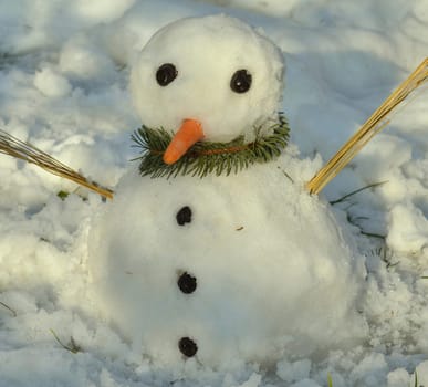 Cute snowman on snow background