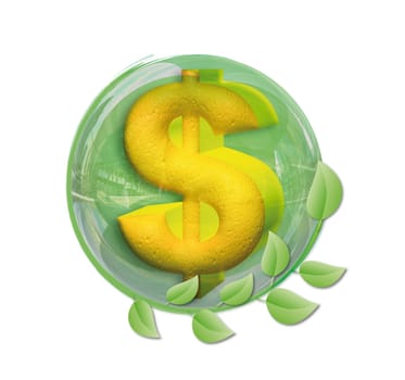 superimposing a dollar in a green ball 3D surrounded by green leaves