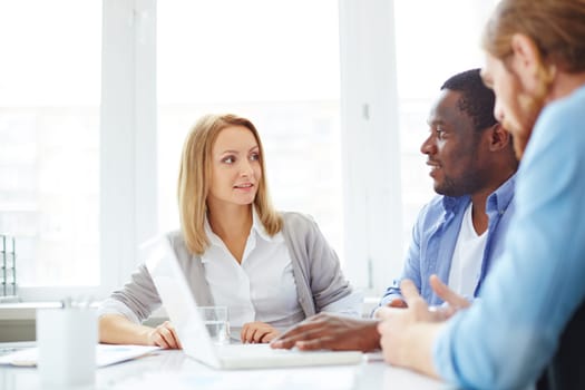 Group of business partners discussing work at meeting