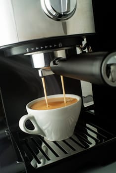 Espresso pouring from coffee machine. Professional coffee brewing