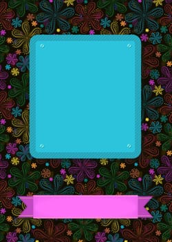 Floral greeting card. Bright colorful geometric flowers. Blue and pink banners for custom text. Black background