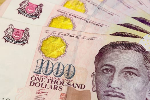 Singapore currency one thousand dollars bill notes closeup macro
