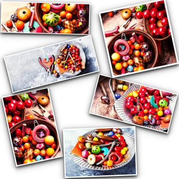 collage of pictures with elements of needlework of beadwork