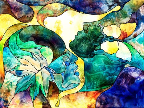 Stained Glass Forever series. Human profiles with autumn lea? and butterfly drawn with organic patterns on the subject of love, relationships and Unity with Nature.