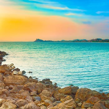 Seascape at sunset time. Beautiful landscape of the Indian ocean. Amazing view.