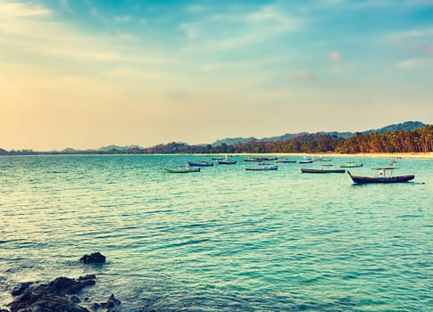 Seascape at sunset time. Beautiful landscape of the Indian ocean. Amazing view.