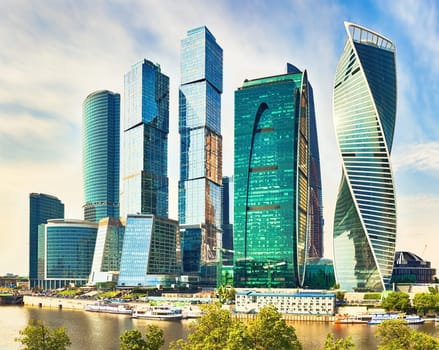 Moscow City skyline . Moscow International Business Centre at day time with Moskva river in foreground