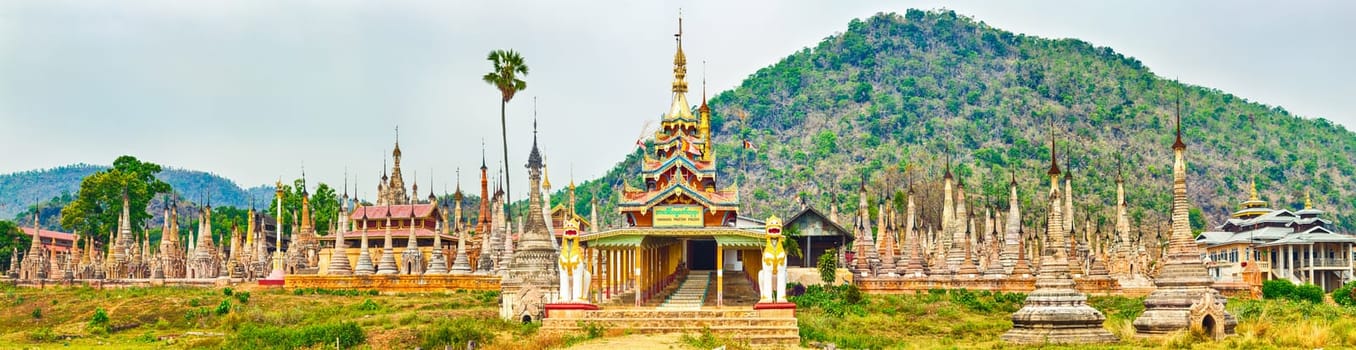 Buddhist pagoda Takhaung Mwetaw in Sankar. Myanmar. Panorama