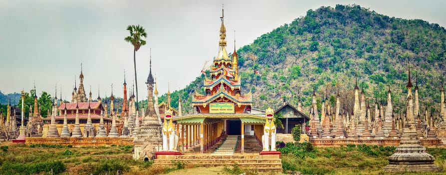 Buddhist pagoda Takhaung Mwetaw in Sankar. Myanmar. Panorama
