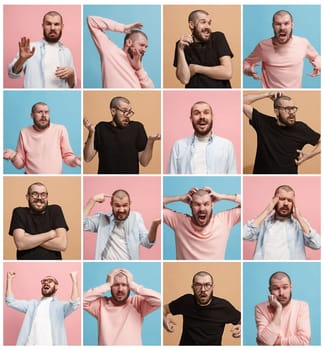The collage of different human facial expressions, emotions and feelings of young man. Happy business man standing and smiling isolated on studio background. Human emotions, facial expression concept.