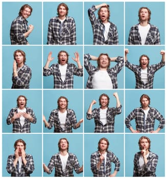 The collage of different human facial expressions, emotions and feelings of young man. Happy business man standing and smiling isolated on blue background. Human emotions, facial expression concept.