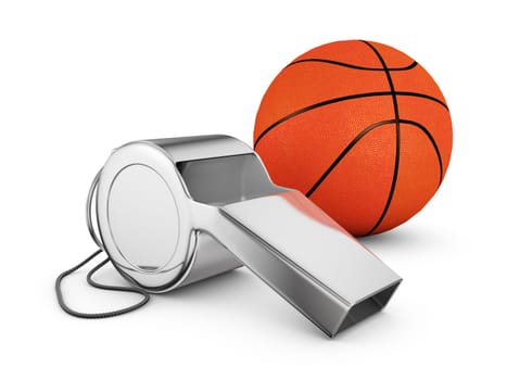 Referee whistle and a basketball. 3d rendering.