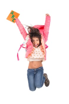 Young girl student jumping isolated in white