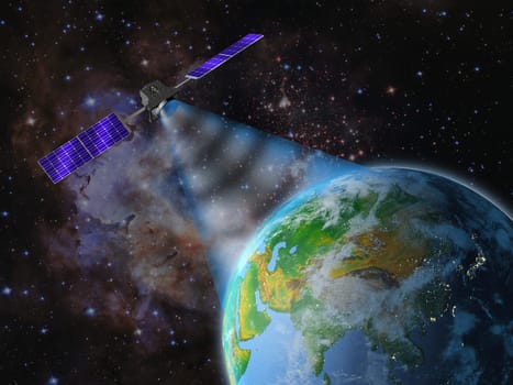 Satellite transmits a signal to the earth. 3d rendering. Elements of this image are furnished by NASA.