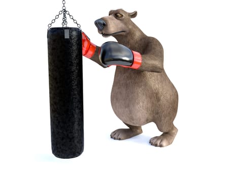 3D rendering of a charming cartoon bear wearing boxing gloves, punching a heavy bag. White background.
