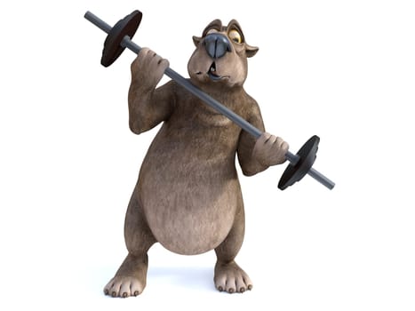 3D rendering of a charming cartoon bear trying to lift a barbell. He looks like it's too heavy. White background.