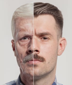 Collage of two portraits of the same old and young man. Face lifting, aging and skincare concept for men. Comparison between old and young faces. Youth and old age. Process of aging and rejuvenation
