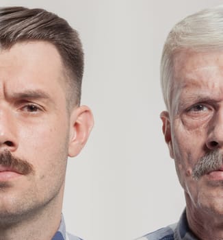 Collage of two portraits of the same old and young man. Face lifting, aging and skincare concept for men. Comparison between old and young faces. Youth and old age. Process of aging and rejuvenation