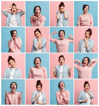 The collage of different human facial expressions, emotions and feelings of young woman. Happy businesswoman standing and smiling isolated on studio background. Human emotions, facial expression concept.