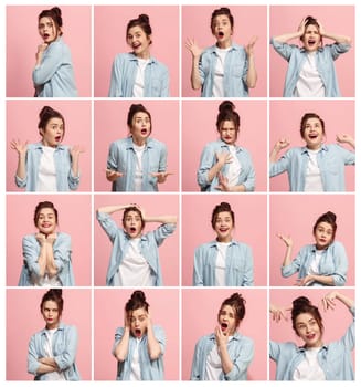The collage of different human facial expressions, emotions and feelings of young woman. Happy businesswoman standing and smiling isolated on studio background. Human emotions, facial expression concept.