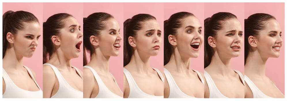 The collage of different human facial expressions, emotions and feelings of young woman. Happy businesswoman standing and smiling isolated on studio background. Human emotions, facial expression concept.