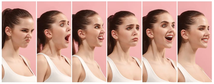 The collage of different human facial expressions, emotions and feelings of young woman. Happy businesswoman standing and smiling isolated on studio background. Human emotions, facial expression concept.