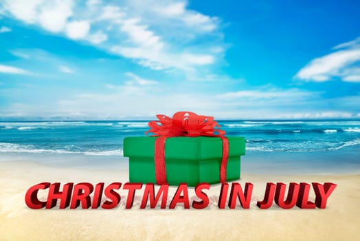 Christmas gift box on the beach with ocean view background