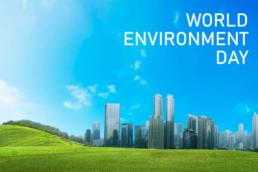 Cityscape with green field and clear sky. World environment day concept
