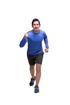 Portrait of asian man running jogging posing isolated over white background