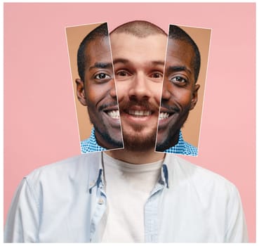 Collage from two images of smiling african american and caucasian men. community of ethnic races concept. The two young african and caucasian men smiling at studio on pink backgound