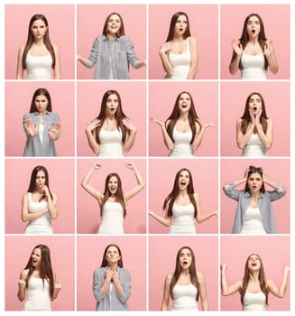 The collage of different human facial expressions, emotions and feelings of young woman. Happy businesswoman standing and smiling isolated on studio background. Human emotions, facial expression concept.