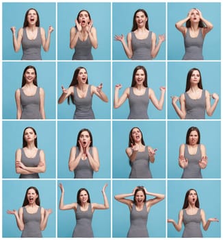 The collage of different human facial expressions, emotions and feelings of young woman. Happy businesswoman standing and smiling isolated on studio background. Human emotions, facial expression concept.