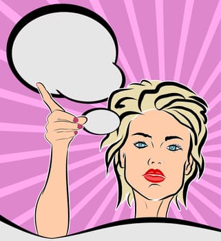 Comic portrait of a woman with speech bubble, Pop art style with a pink background