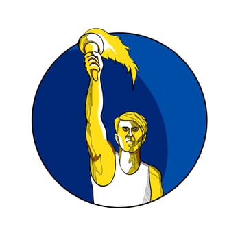 Drawing sketch style illustration of a track and field athlete raising up a flaming torch with burning flames viewed from front set inside circle.