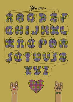 Artistic alphabet with encrypted romantic message. You are so awesome. Letters with decor as paid purple shirts and green ties. Funny hands looking at each other. Red heart is as the end of message. Black lines with scissors. Illustration