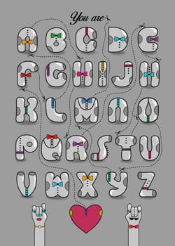 Artistic alphabet with encrypted romantic message. You are my other half. Gray letters with colorful ties. Funny cartoon hands looking at each other. Red heart is as the end of message. Black lines with scissors. Illustration