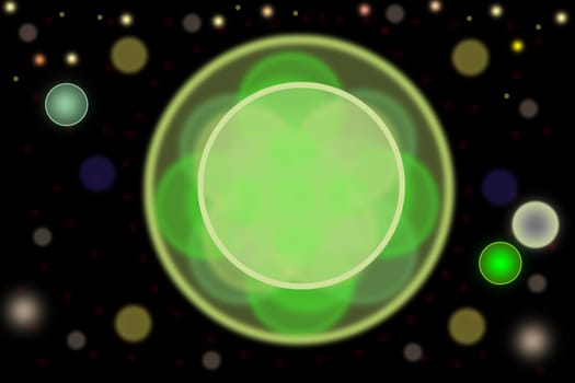 Abstract bokeh with green circle in the middle and other luminous circles on a black background