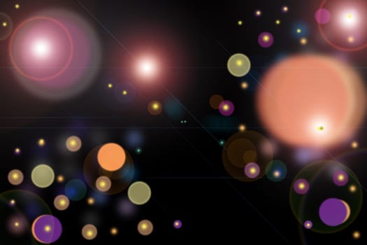 Abstract colorful bokeh with glowing circles on a black background with fine or thin connecting lines